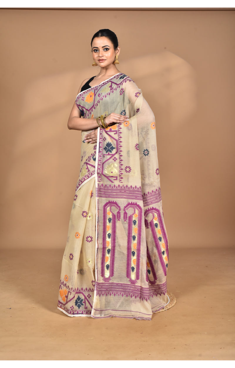 Morchari Pure Cotton Dhakai Jamdani Handloom Saree-Beige | Grocsy