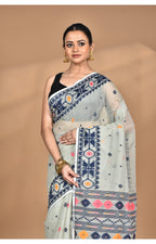 Morchari Pure Cotton Dhakai Jamdani Handloom Saree-Grey | Grocsy