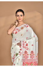 Morchari Pure Cotton Dhakai Jamdani Handloom Saree-Off White | Grocsy