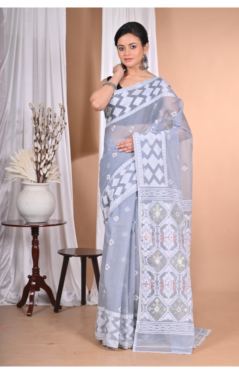 Morchari Pure Cotton Dhakai Jamdani Handloom Saree-Grey | Grocsy