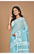 Morchari Pure Cotton Dhakai Jamdani Handloom Saree-Turquoise Blue | Grocsy