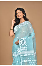 Morchari Pure Cotton Dhakai Jamdani Handloom Saree-Turquoise Blue | Grocsy