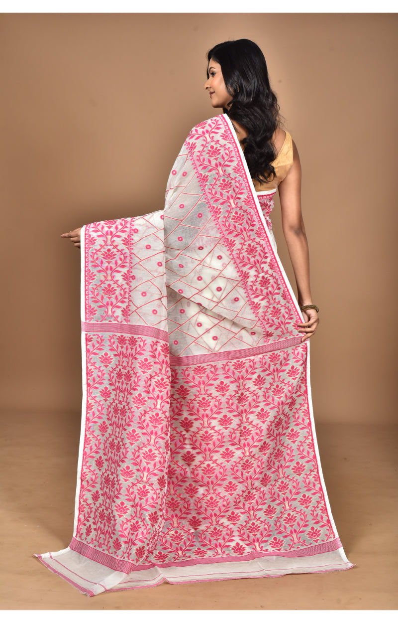 Morchari Pure Cotton Dhakai Jamdani Handloom Saree-Off White | Grocsy