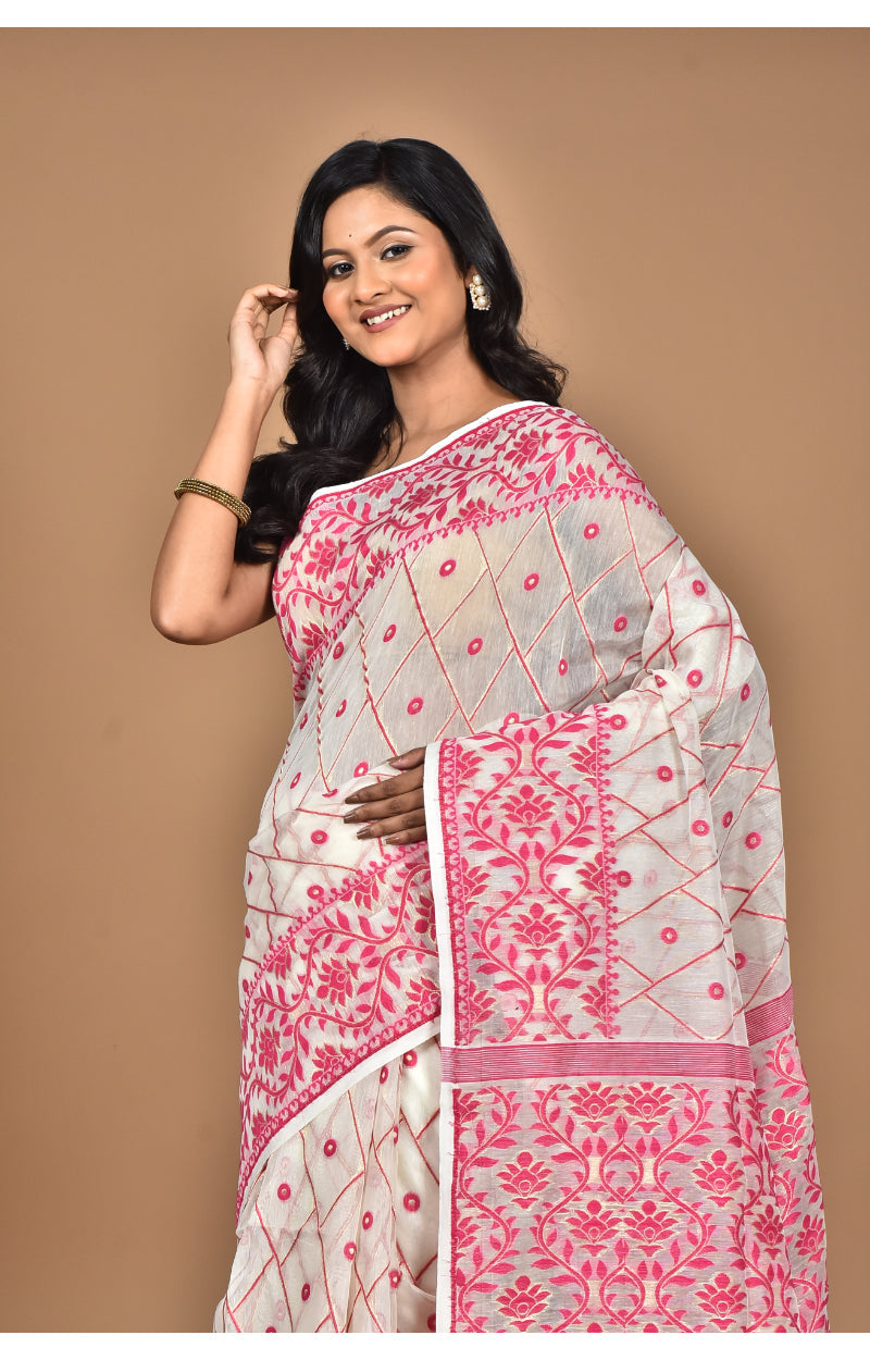 Morchari Pure Cotton Dhakai Jamdani Handloom Saree-Off White | Grocsy