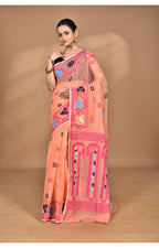 Morchari Pure Cotton Dhakai Jamdani Handloom Saree-Peach | Grocsy