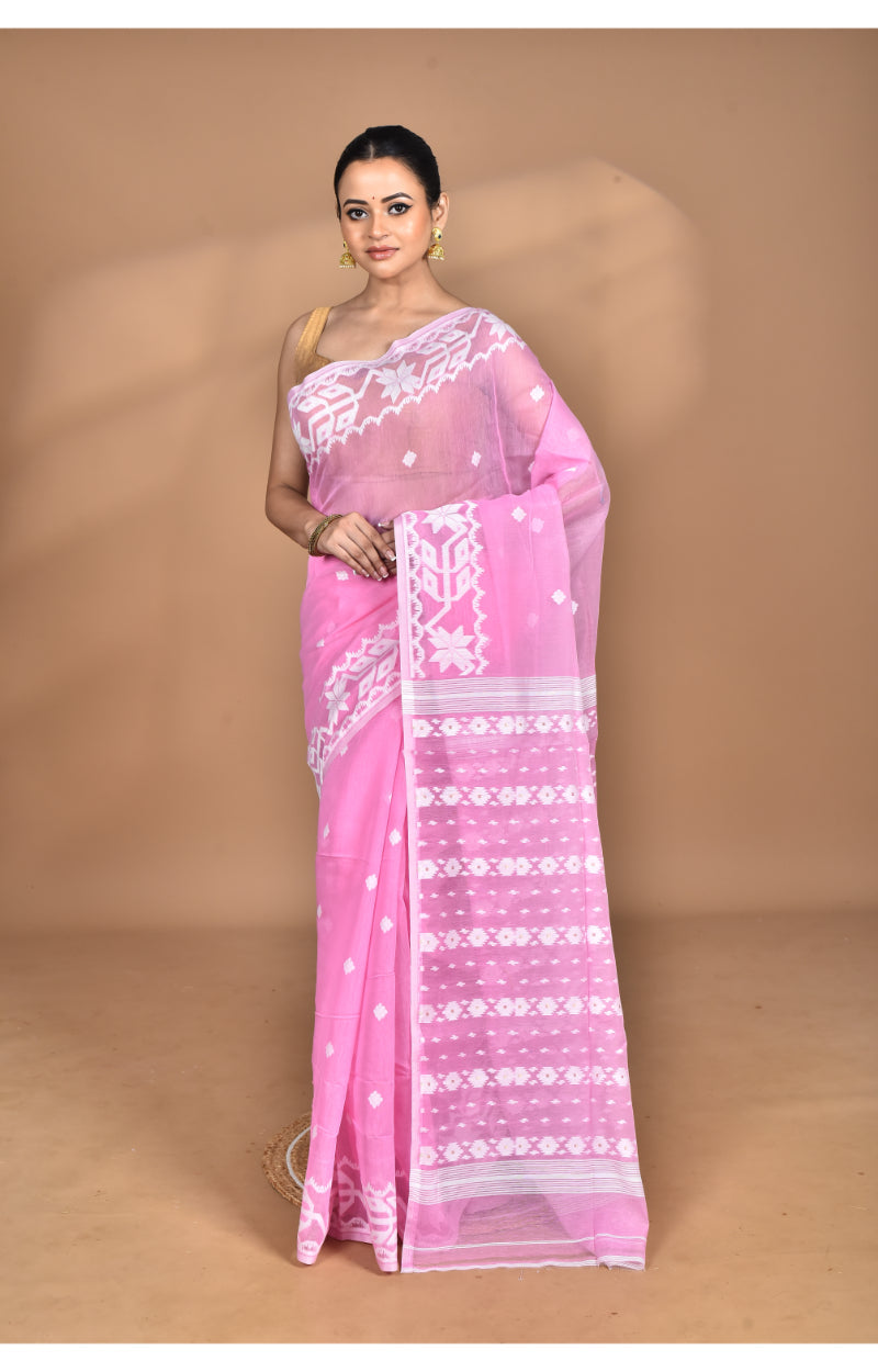 Morchari Pure Cotton Dhakai Jamdani Handloom Saree-Pink | Grocsy