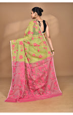Morchari Pure Cotton Dhakai Jamdani Handloom Saree-Green | Grocsy