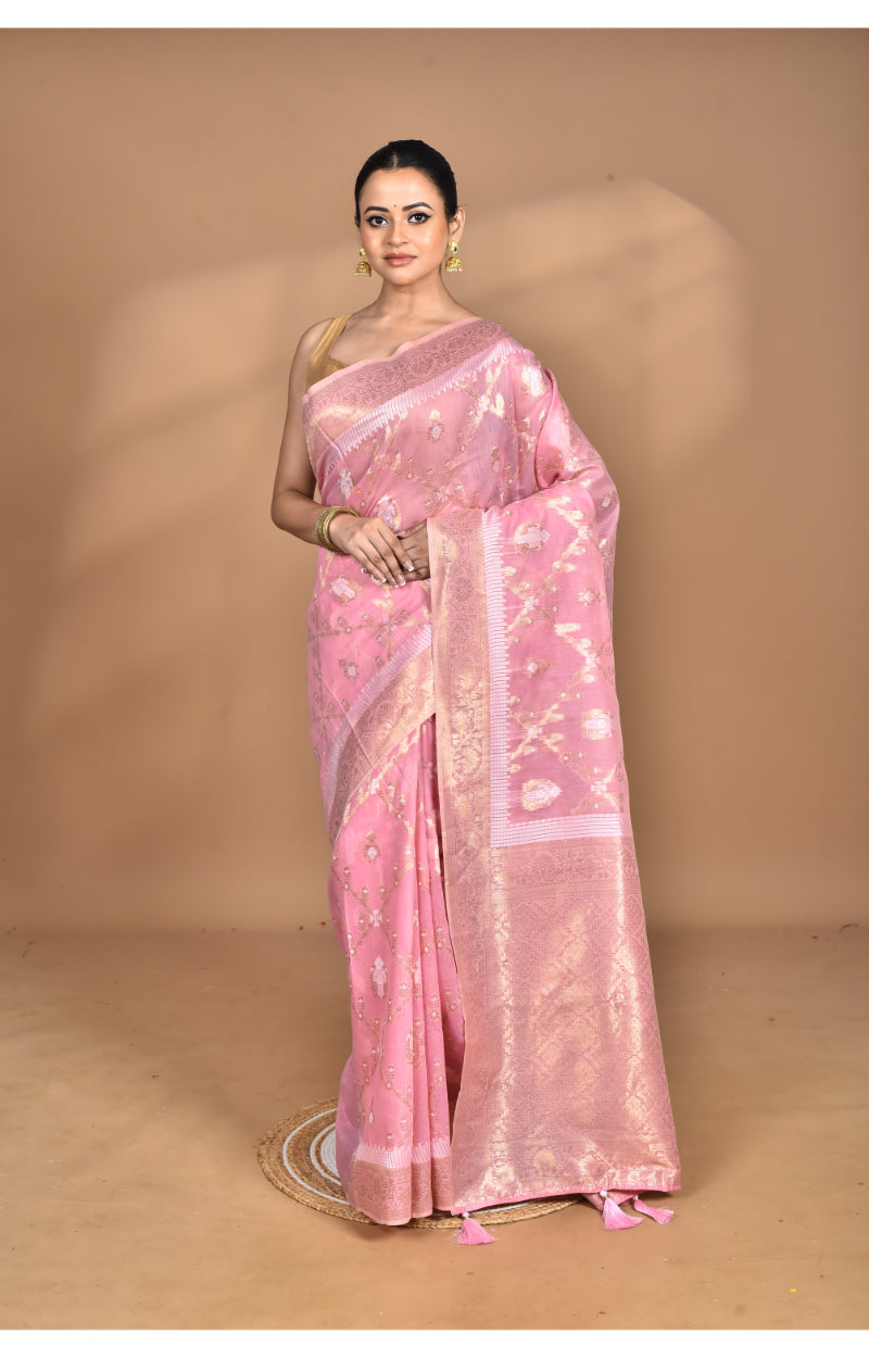 Morchari Banarasi Silk Chanderi Saree-Pink | Grocsy