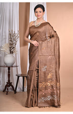 Morchari Pure Tussar Silk Handloom Saree-Coffee Brown | Grocsy