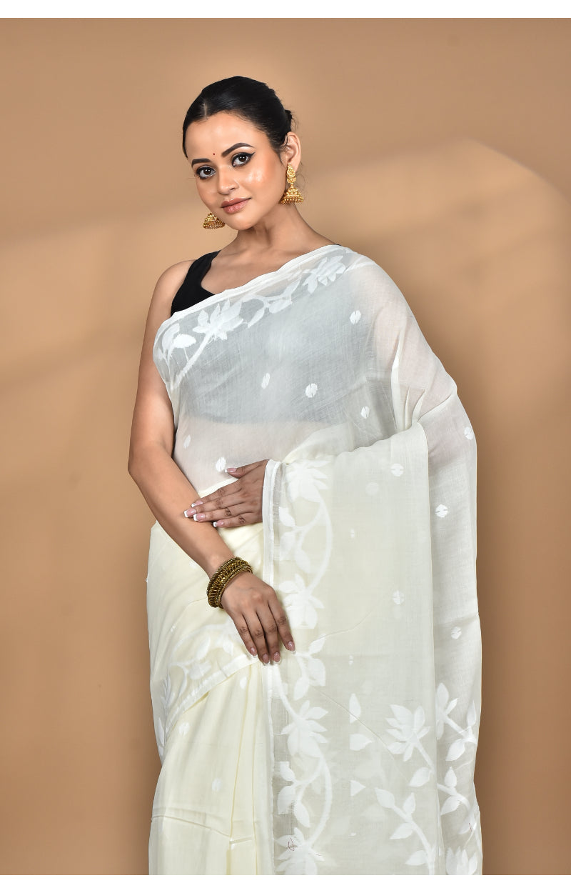 Morchari Pure Cotton Dhakai Jamdani Handloom Saree-Cream | Grocsy