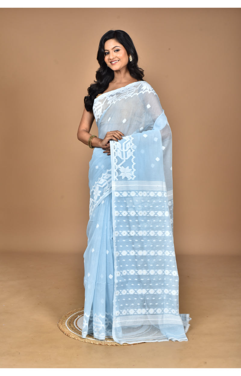 Morchari Pure Cotton Dhakai Jamdani Handloom Saree-Blue | Grocsy