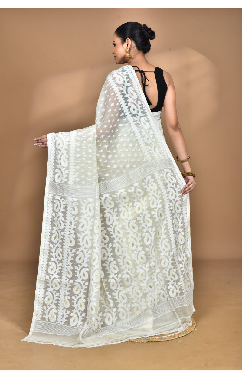 Morchari Pure Cotton Dhakai Jamdani Handloom Saree-Cream | Grocsy