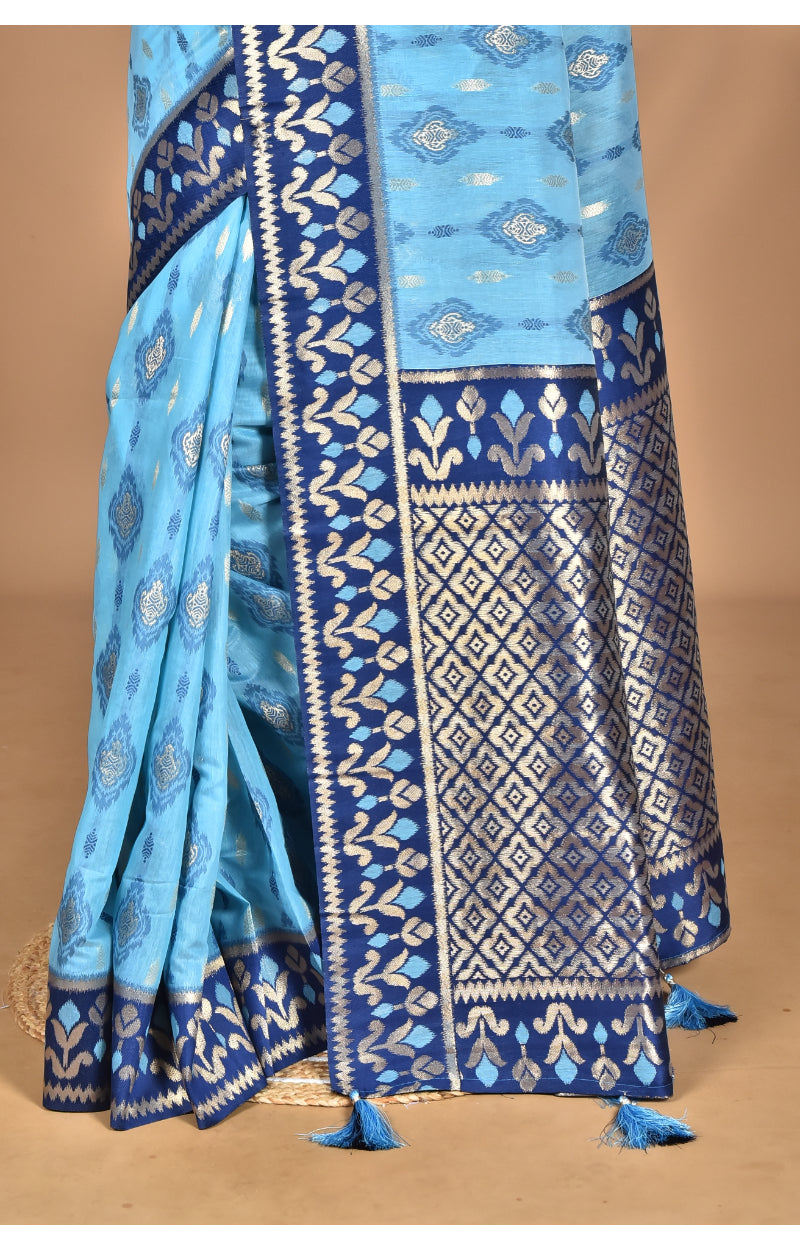 Morchari Women Desgin Kashmiri Silk Linen Saree-Blue | Grocsy