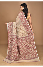 Morchari Pure Cotton Dhakai Jamdani Handloom Saree-Beige | Grocsy