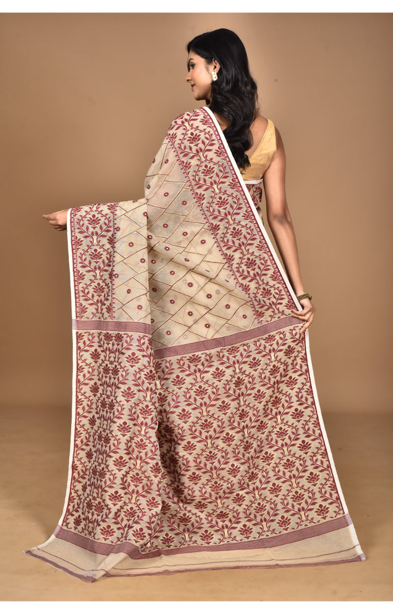 Morchari Pure Cotton Dhakai Jamdani Handloom Saree-Beige | Grocsy