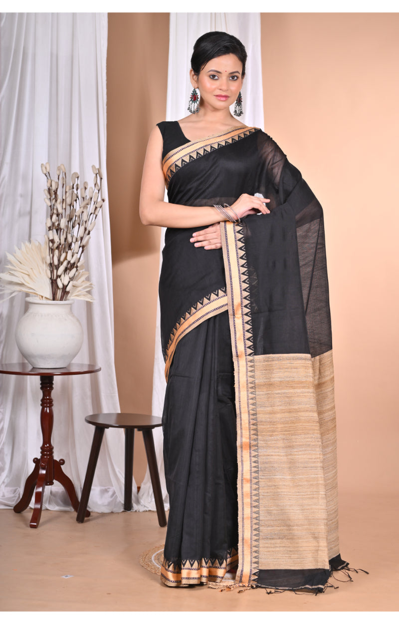 Morchari Pure Cotton Dhakai Jamdani Handloom Saree-Black | Grocsy