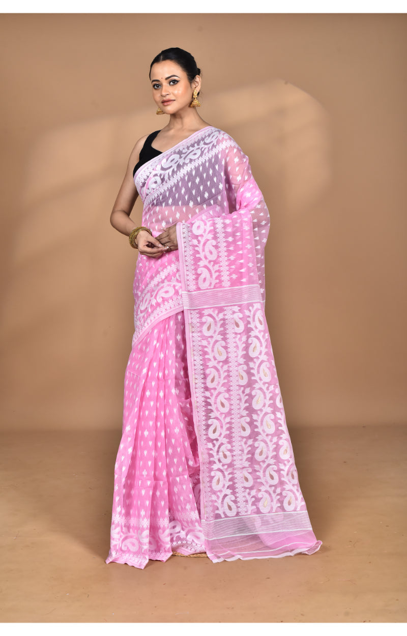 Morchari Pure Cotton Dhakai Jamdani Handloom Saree-Pink | Grocsy