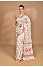 Morchari Pure Cotton Dhakai Jamdani Handloom Saree-Cream | Grocsy