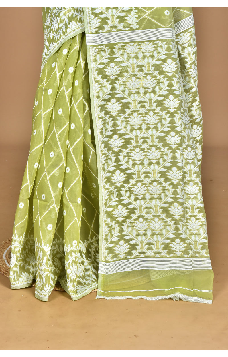 Morchari Pure Cotton Dhakai Jamdani Handloom Saree-Green | Grocsy