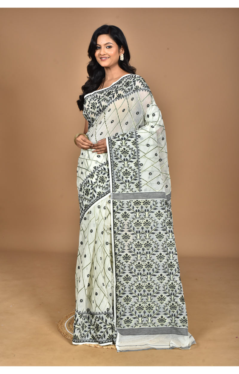 Morchari Pure Cotton Dhakai Jamdani Handloom Saree-Cream | Grocsy