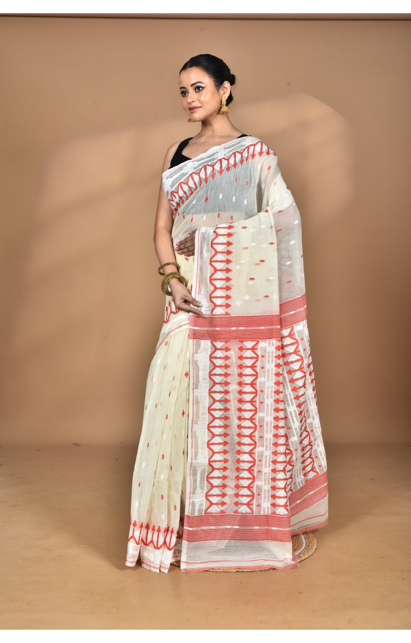 Morchari Pure Cotton Dhakai Jamdani Handloom Saree-Cream | Grocsy