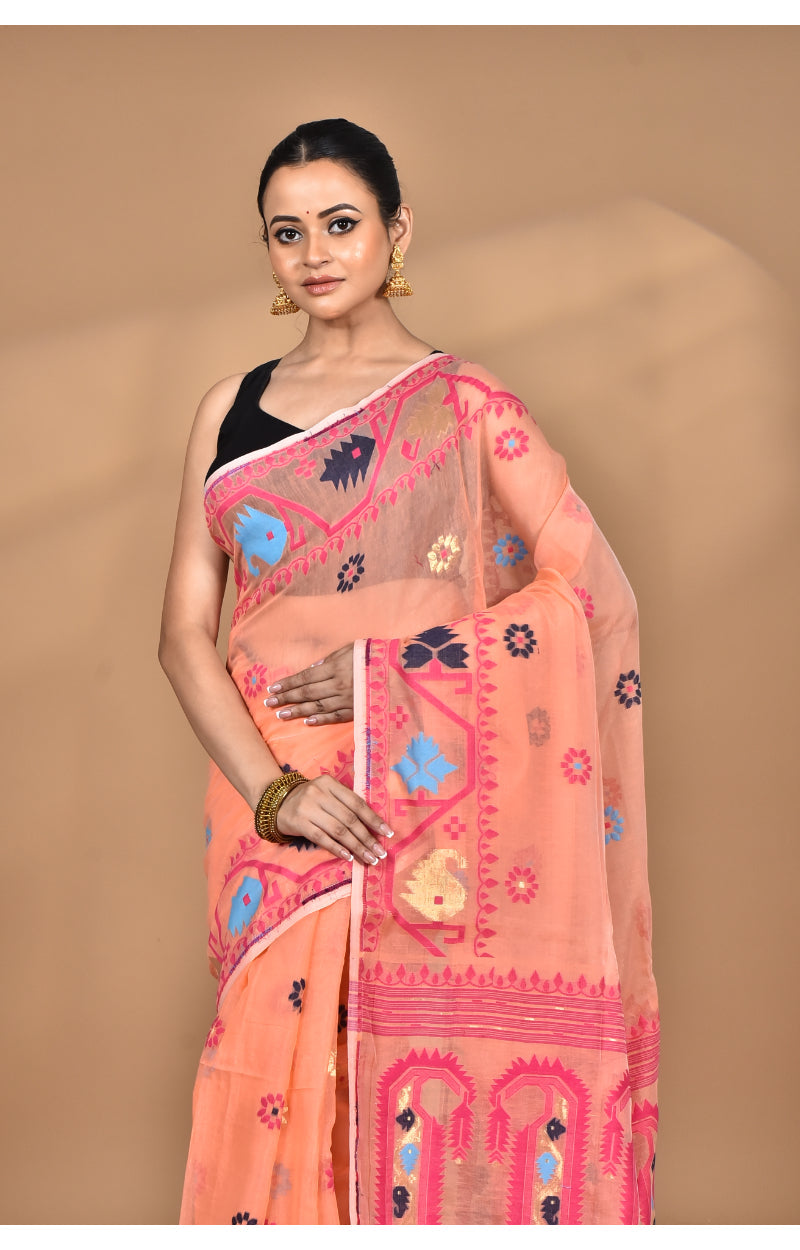 Morchari Pure Cotton Dhakai Jamdani Handloom Saree-Peach | Grocsy