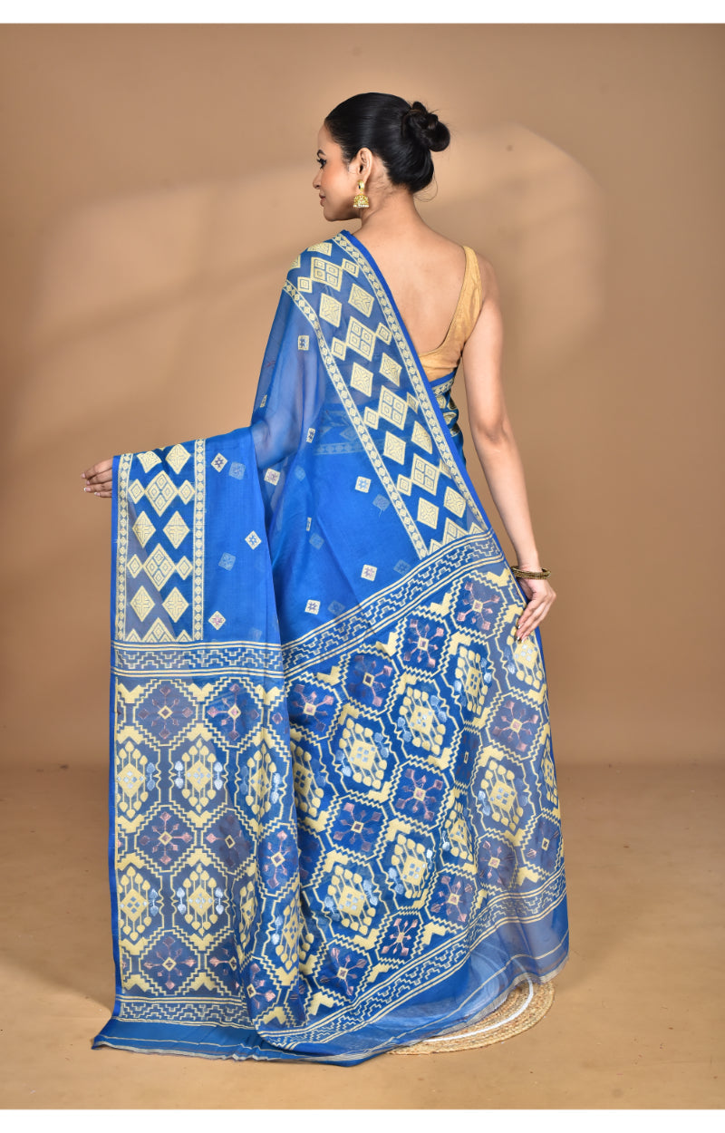 Morchari Pure Cotton Dhakai Jamdani Handloom Saree-Navy Blue | Grocsy