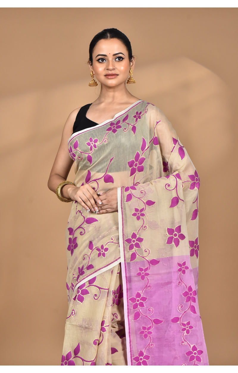 Morchari Pure Cotton Dhakai Jamdani Handloom Saree-Beige | Grocsy