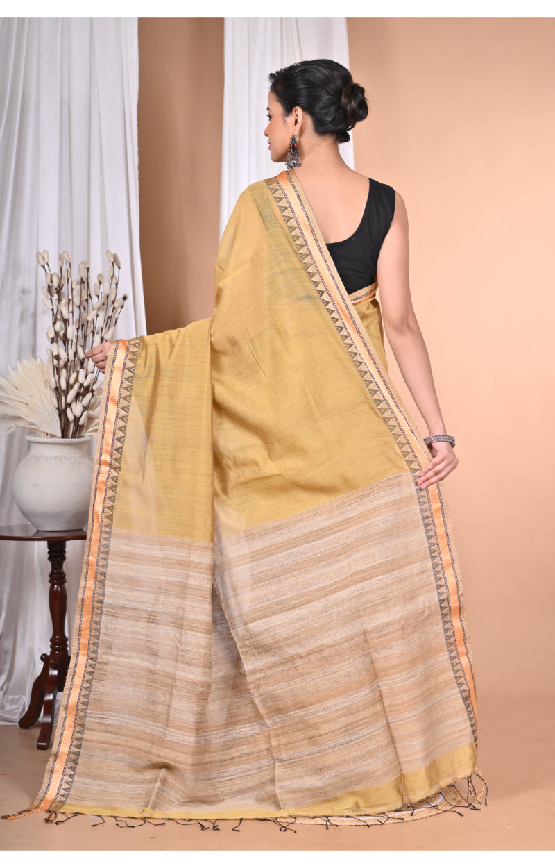 Morchari Pure Cotton Dhakai Jamdani Handloom Saree-Light Golden | Grocsy