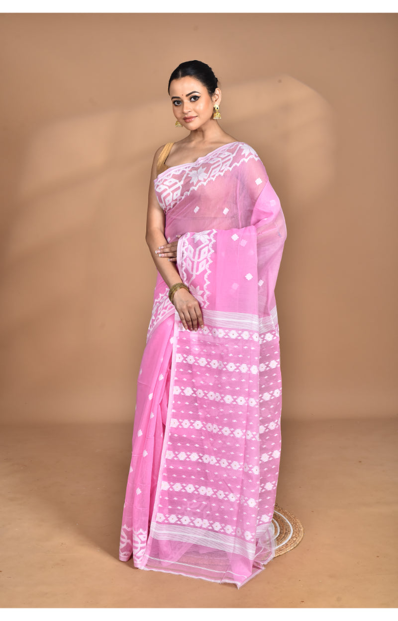 Morchari Pure Cotton Dhakai Jamdani Handloom Saree-Pink | Grocsy
