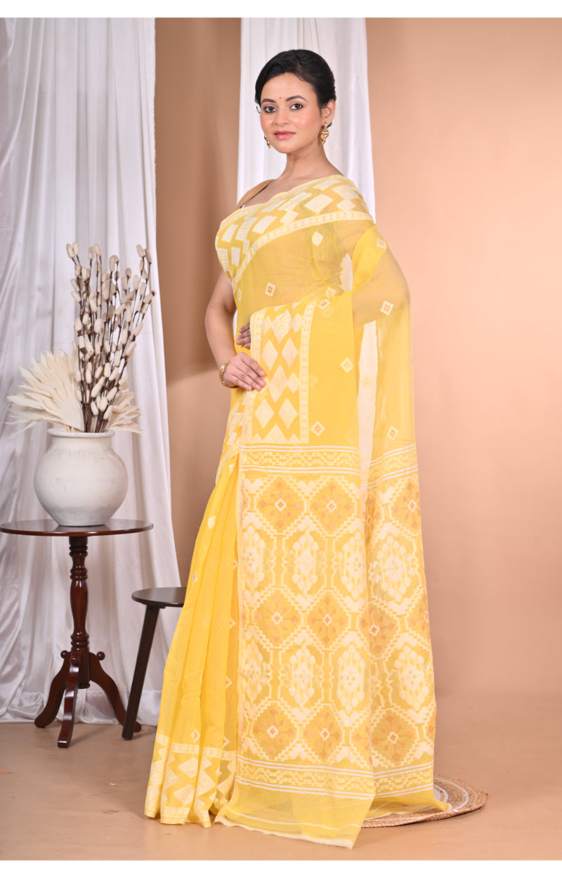 Morchari Pure Cotton Dhakai Jamdani Handloom Saree-Yellow | Grocsy
