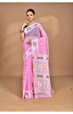 Morchari Pure Cotton Dhakai Jamdani Handloom Saree-Pink | Grocsy