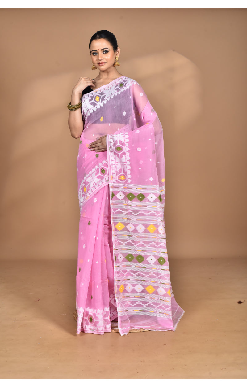 Morchari Pure Cotton Dhakai Jamdani Handloom Saree-Pink | Grocsy