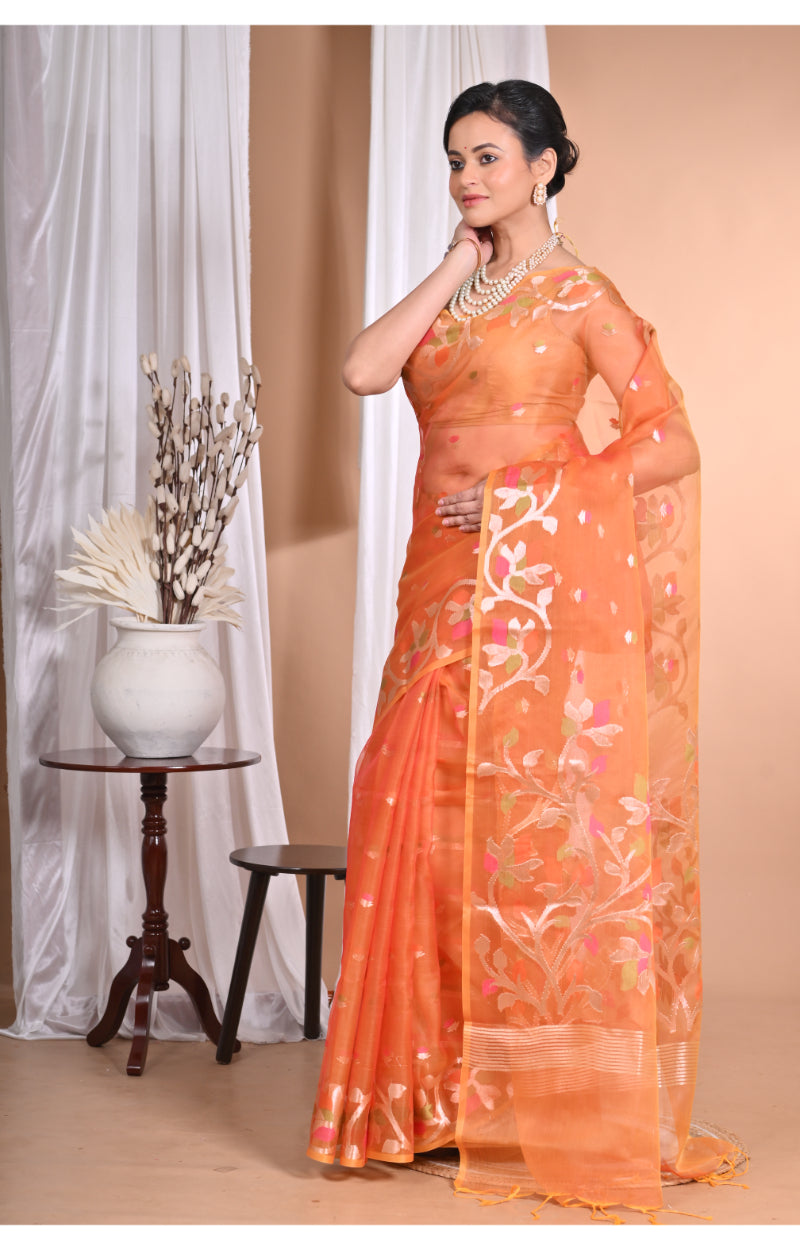 Morchari Heavy Jamdani Silk Orzanga Saree-Orange | Grocsy