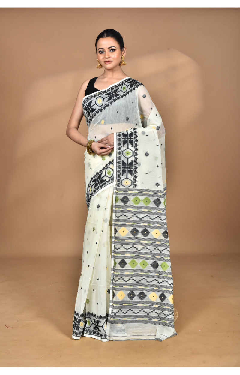 Morchari Pure Cotton Dhakai Jamdani Handloom Saree-Multi | Grocsy