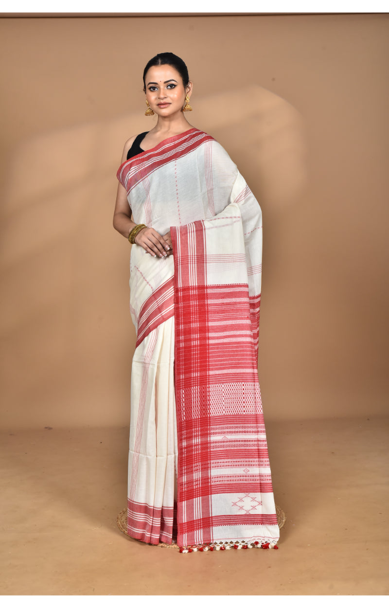 Morchari Pure Cotton Dhakai Jamdani Handloom Saree-Off White | Grocsy