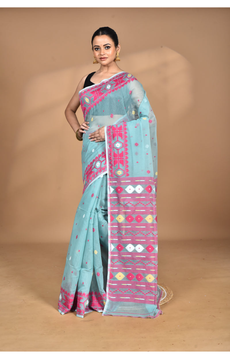 Morchari Pure Cotton Dhakai Jamdani Handloom Saree-Blue | Grocsy