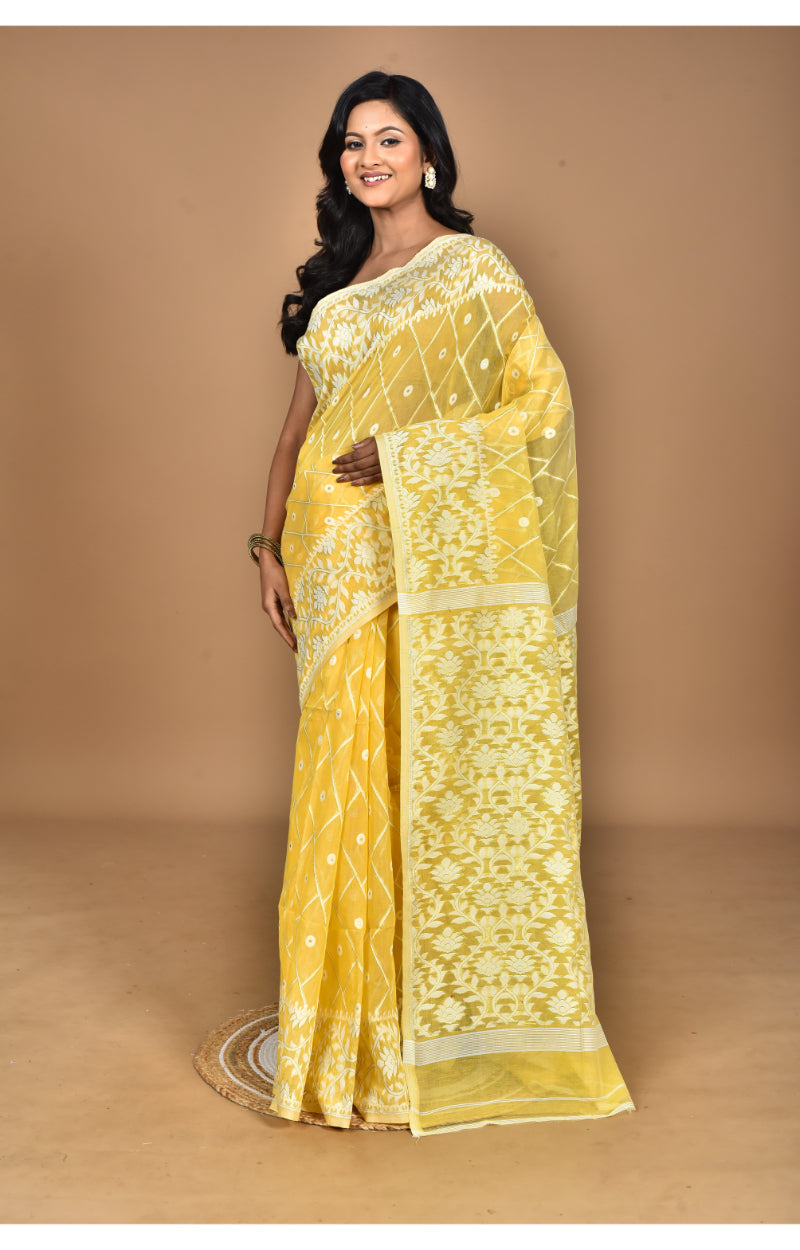 Morchari Pure Cotton Dhakai Jamdani Handloom Saree-Yellow | Grocsy