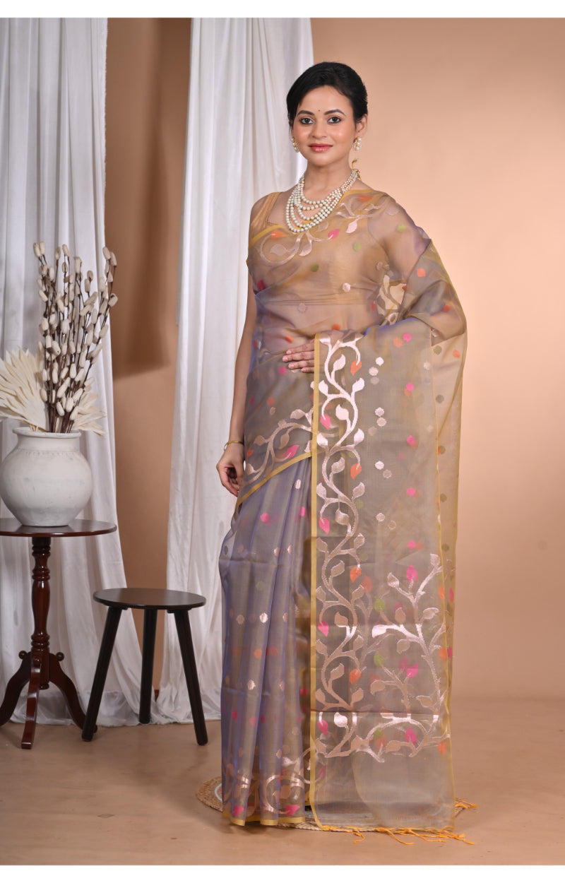 Morchari Heavy Jamdani Silk Orzanga Saree-Mehendi | Grocsy