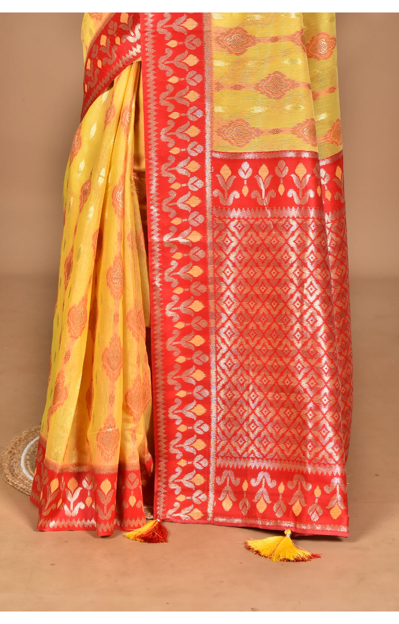 Morchari Women Desgin Kashmiri Silk Linen Saree-Yellow | Grocsy