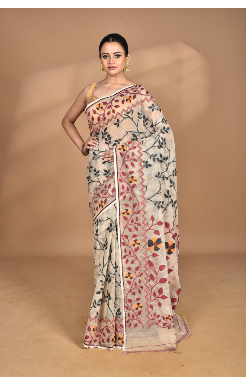 Morchari Pure Cotton Dhakai Jamdani Handloom Saree-Beige | Grocsy