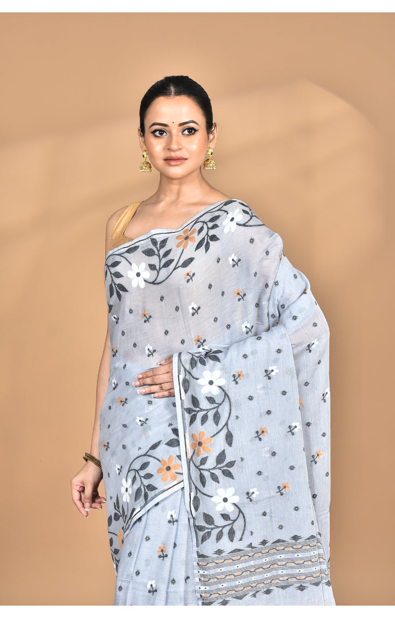 Morchari Pure Cotton Dhakai Jamdani Handloom Saree-Grey | Grocsy