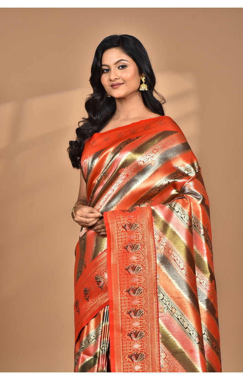 Morchari Ethnic Motifs Silk Blend Dharmavaram Saree-Orange | Grocsy