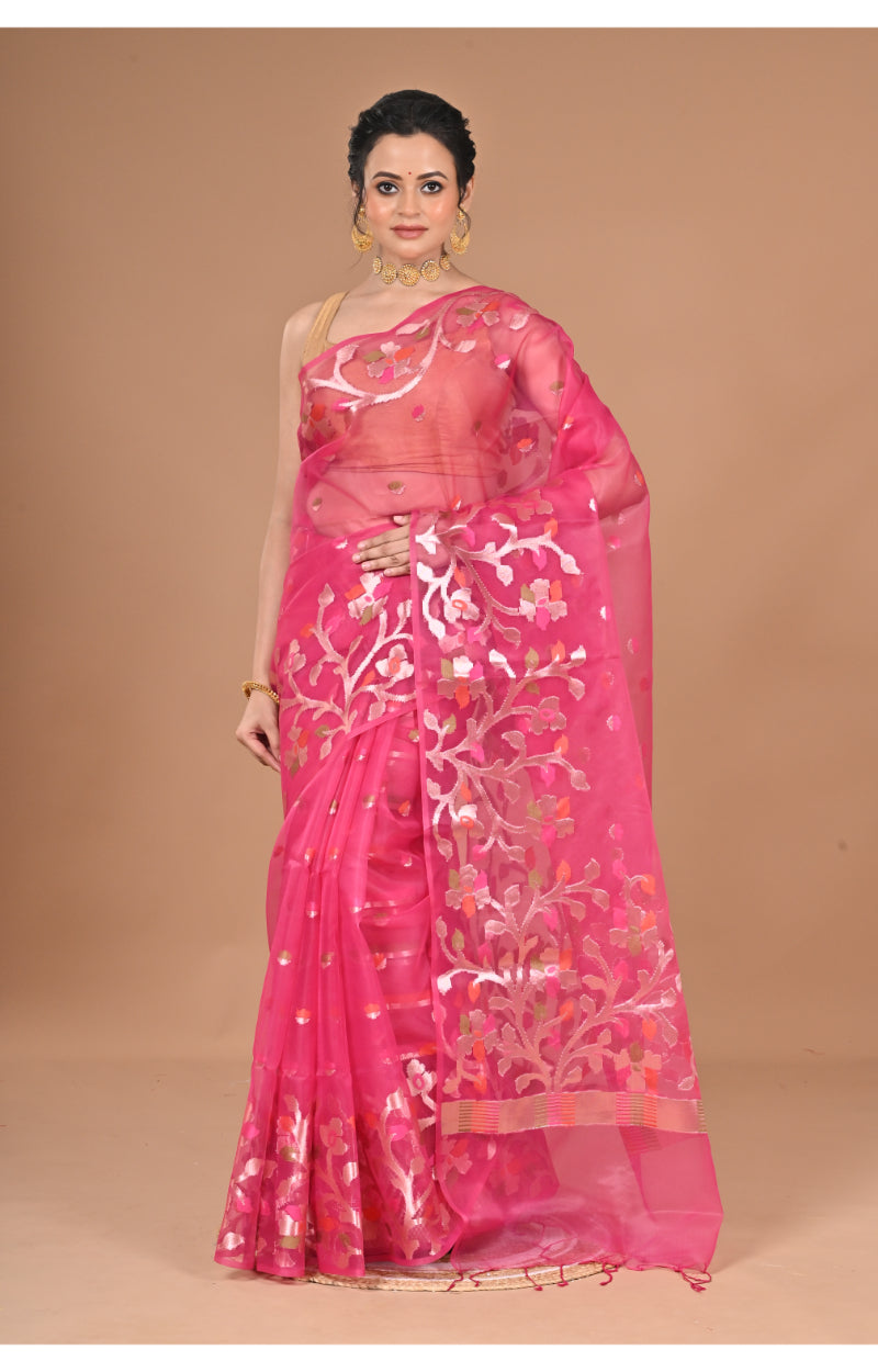 Morchari Semi Orzanga Jamdani Silk Saree-Rani Pink | Grocsy