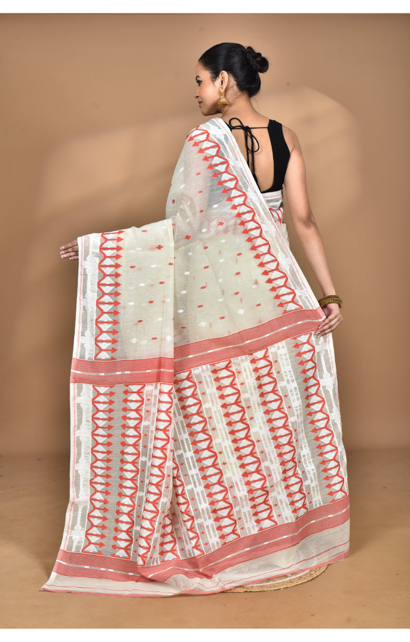Morchari Pure Cotton Dhakai Jamdani Handloom Saree-Cream | Grocsy