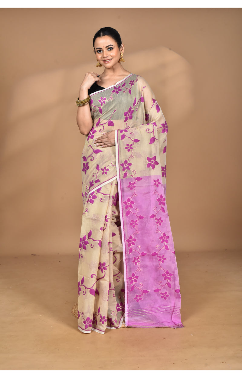 Morchari Pure Cotton Dhakai Jamdani Handloom Saree-Beige | Grocsy