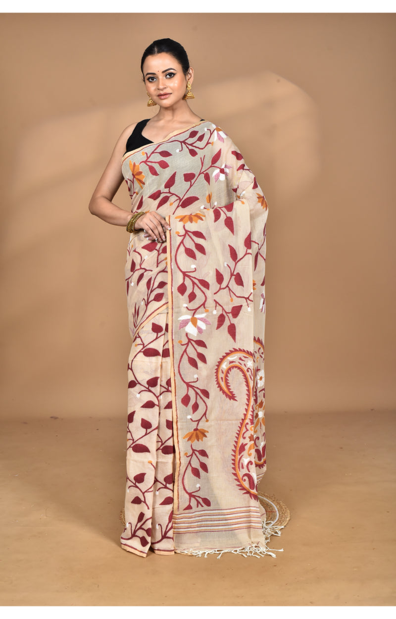 Morchari Pure Cotton Dhakai Jamdani Handloom Saree-Burlywood | Grocsy