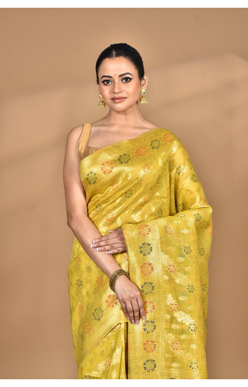 Morchari Banarasi Silk Chanderi Saree-Yellow | Grocsy