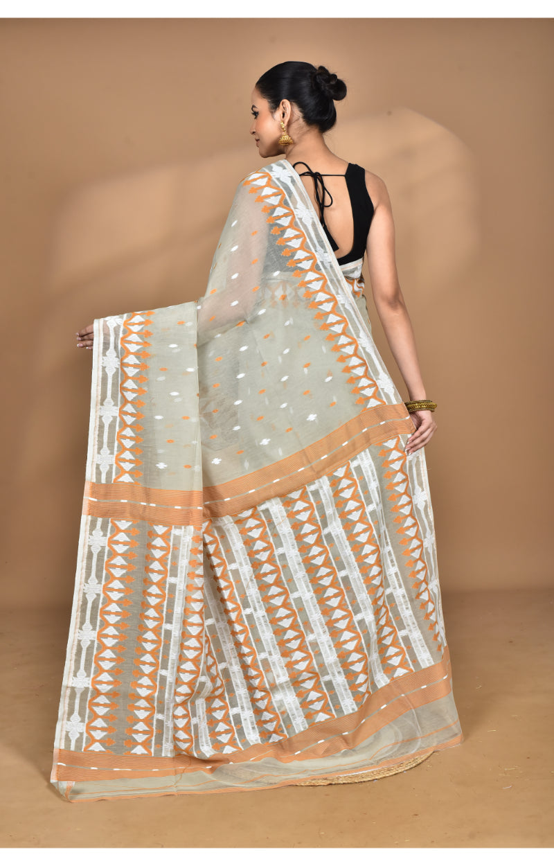 Morchari Pure Cotton Dhakai Jamdani Handloom Saree-Beige | Grocsy