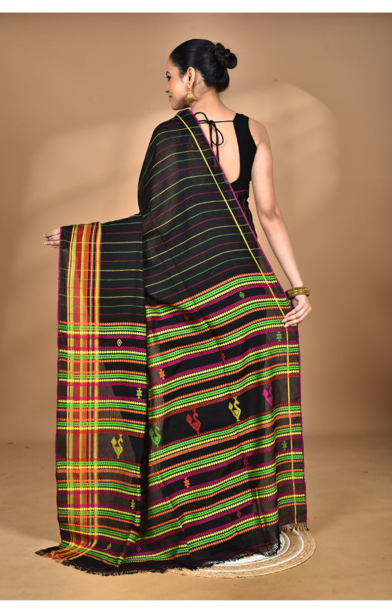 Morchari Pure Cotton Dhakai Jamdani Handloom Saree-Black | Grocsy